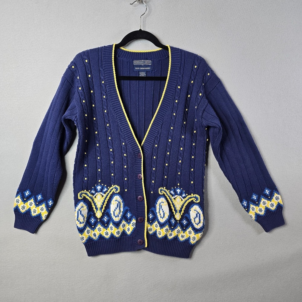 Vintage Herman‎ Geist Womens Sweater Small Cardigan Hand Embroidered Grandmacore